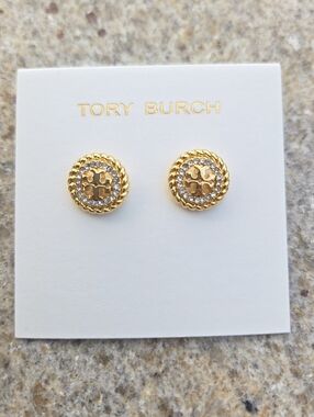 Tory Burch Gold Logo Crystal Stud Earrings
